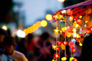 Colorful lanterns and lights at Fisherman's Village Night Market Bophut, Koh Samui evening