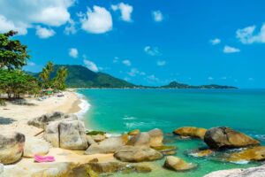 Lamai Beach Koh Samui with famous granite boulders, white sand and turquoise waters