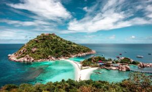 Stunning Koh Tao island with white sand bridge connecting granite hills and turquoise waters
